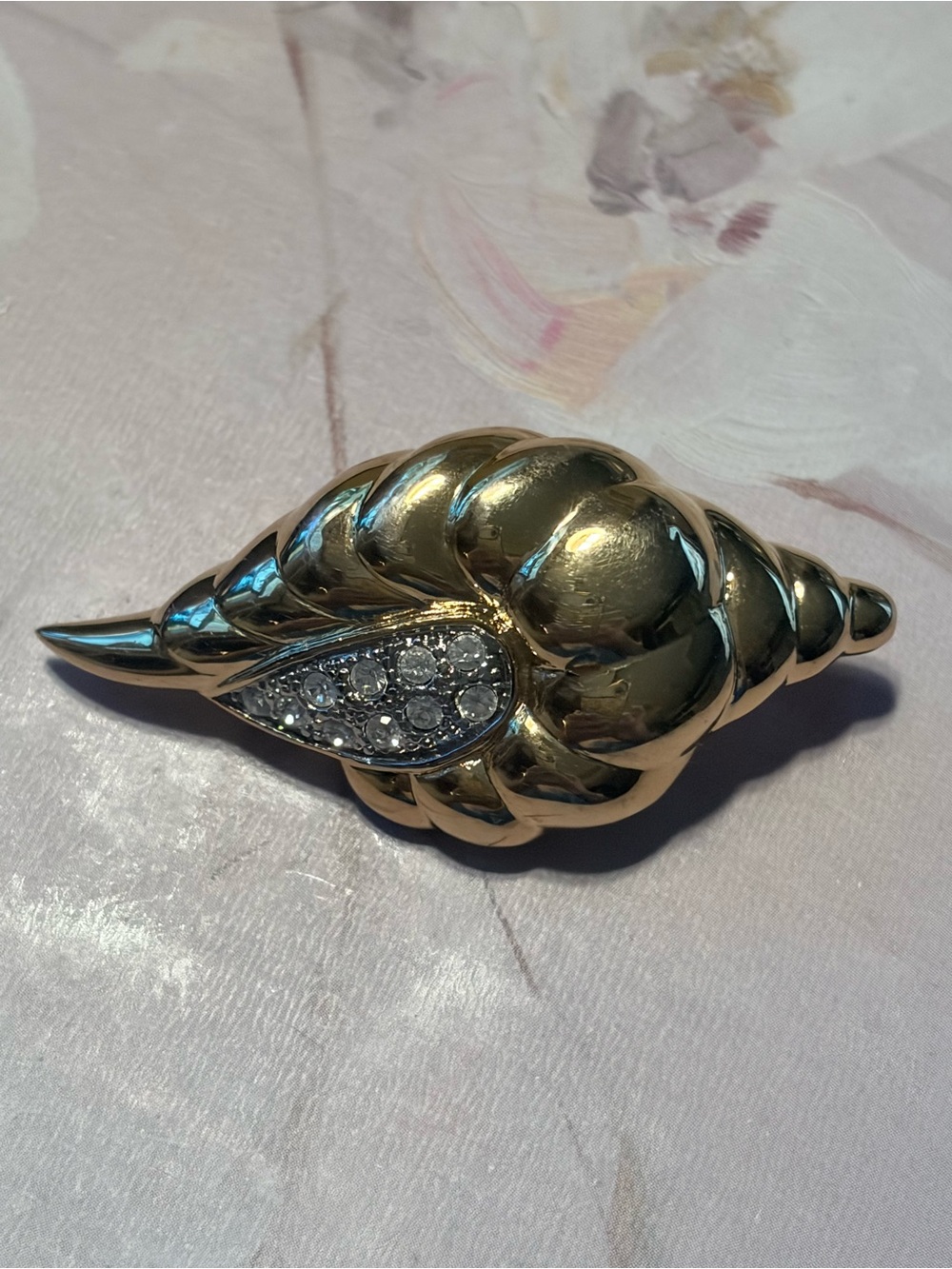 Gold-Tone Shell Brooch with Clear Crystal Accent
